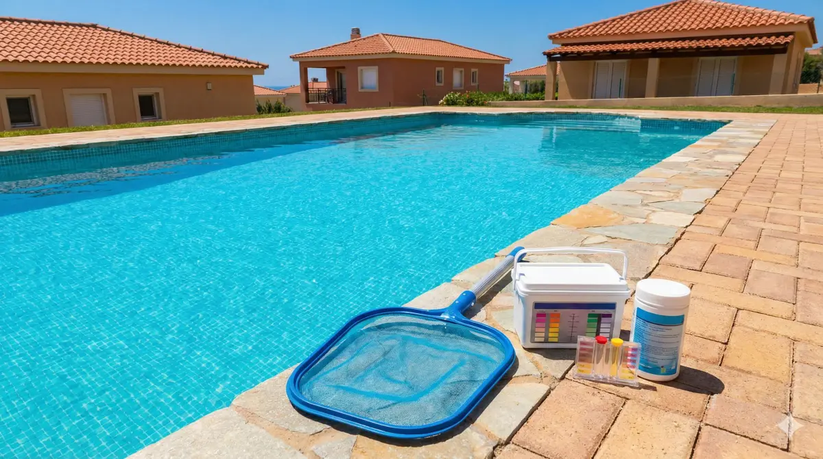 Piscina con agua cristalina mantenida profesionalmente en Madrid