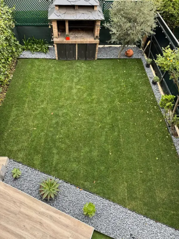 Jardín residencial con césped verde y arbustos decorativos